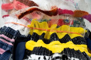 "A bit too close aren't you?" Keeping people at bay with a large hoopy dress Monofilament double weave with textile scraps, pvc pipe etc